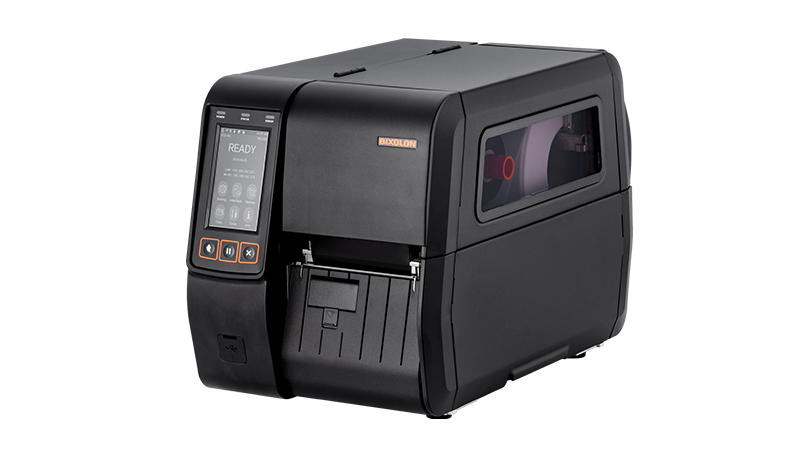 BIXOLON XT5-46 industrial label printer, 4.3-inch colour touch display, tear-off, 600 dpi, thermal transfer (XT5-46NS) – front angled view