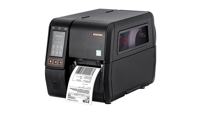 BIXOLON XT5-46 industrial label printer, 4.3-inch colour touch display, tear-off, 600 dpi, thermal transfer (XT5-46NS) – printing a shipping label