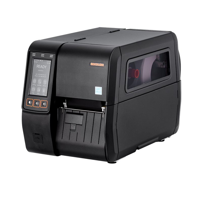 BIXOLON XT5-46 industrial label printer, 4.3-inch colour touch display, tear-off, 600 dpi, thermal transfer (XT5-46NS) – angled product view