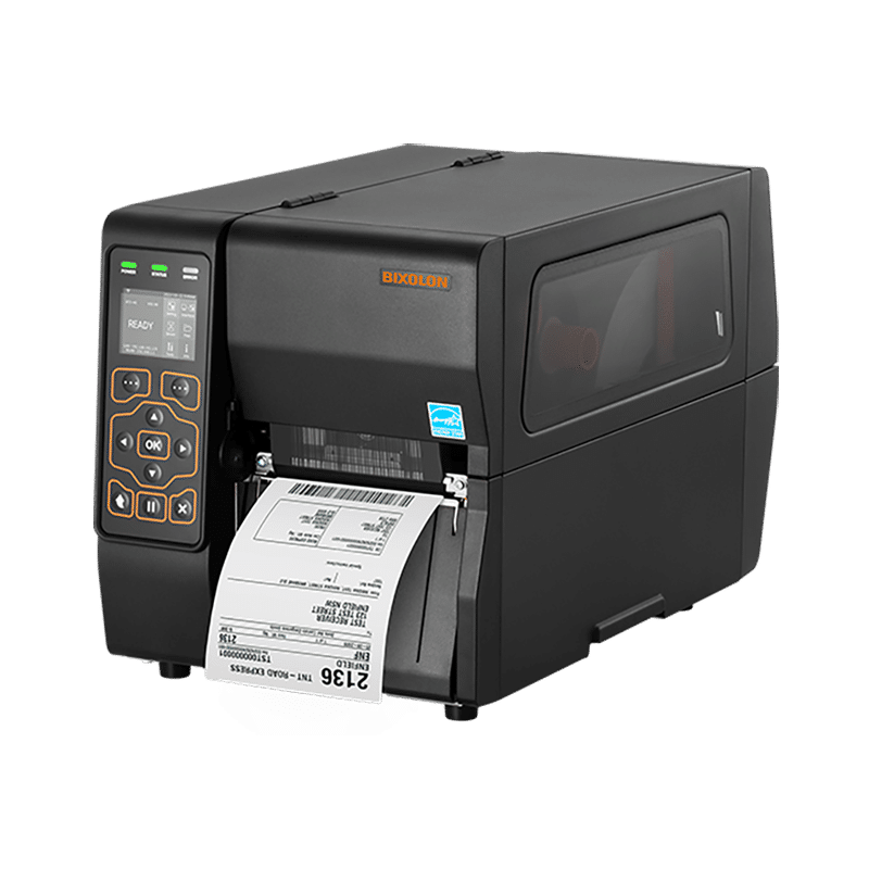BIXOLON XT3-40 industrial label printer, 2.4-inch colour LCD, tear-off, 203 dpi, thermal transfer (XT3-40/BEG) – printing a shipping label