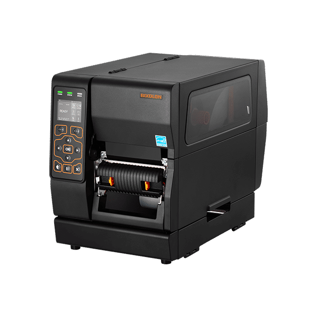BIXOLON XT3-40 industrial label printer, 2.4-inch colour LCD, peeler and internal rewinder, 203 dpi, thermal transfer (XT3-409) – front angled view with peeler and rewinder base