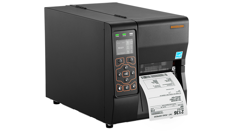 BIXOLON XT3-40 industrial label printer, 2.4-inch colour LCD, tear-off, 203 dpi, thermal transfer (XT3-40/MEA) – side angled view with label