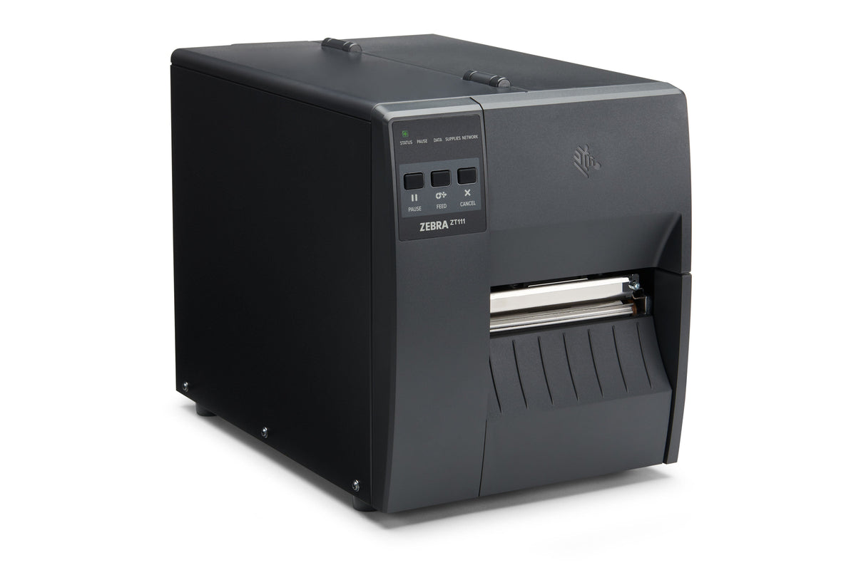 Zebra ZT111 industrial label printer, tear-off, 300 dpi, thermal transfer (ZT11143-T0E000FZ) – angled front view