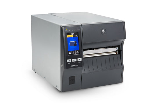 Zebra ZT421 industrial label printer, tear-off, 203 dpi, thermal transfer (ZT42162-T0EG000Z) – angled front view