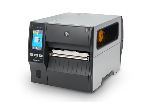 Zebra ZT421 industrial label printer, tear-off, UHF RFID, 203 dpi, thermal transfer (ZT42162-T0E00C0Z) – RFID model, angled front view