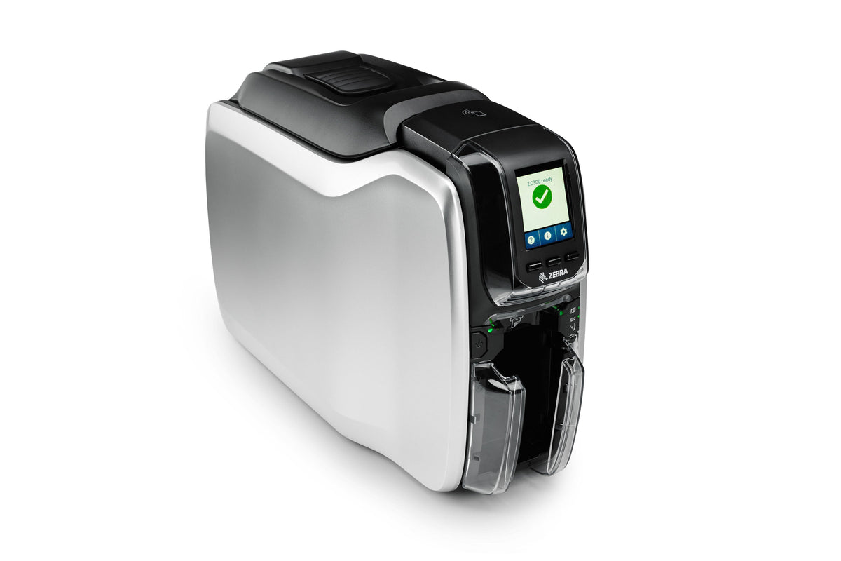 Zebra ZC300 plastic card printer, single-sided, magnetic stripe encoder (ZC31-0M0C000EM00) – angled front view