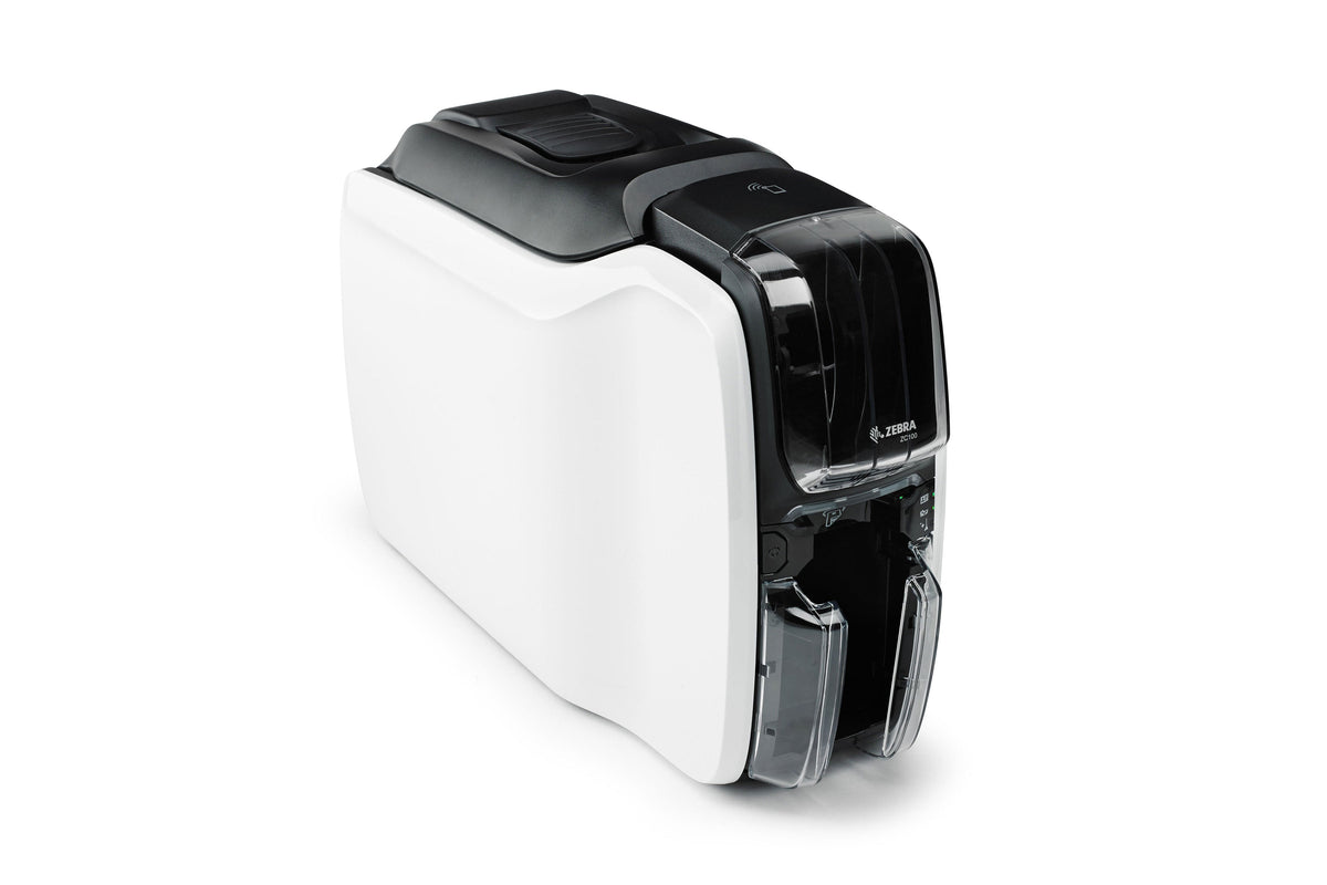 Zebra ZC100 plastic card printer, single-sided (ZC11-000C000EM00) – angled front view
