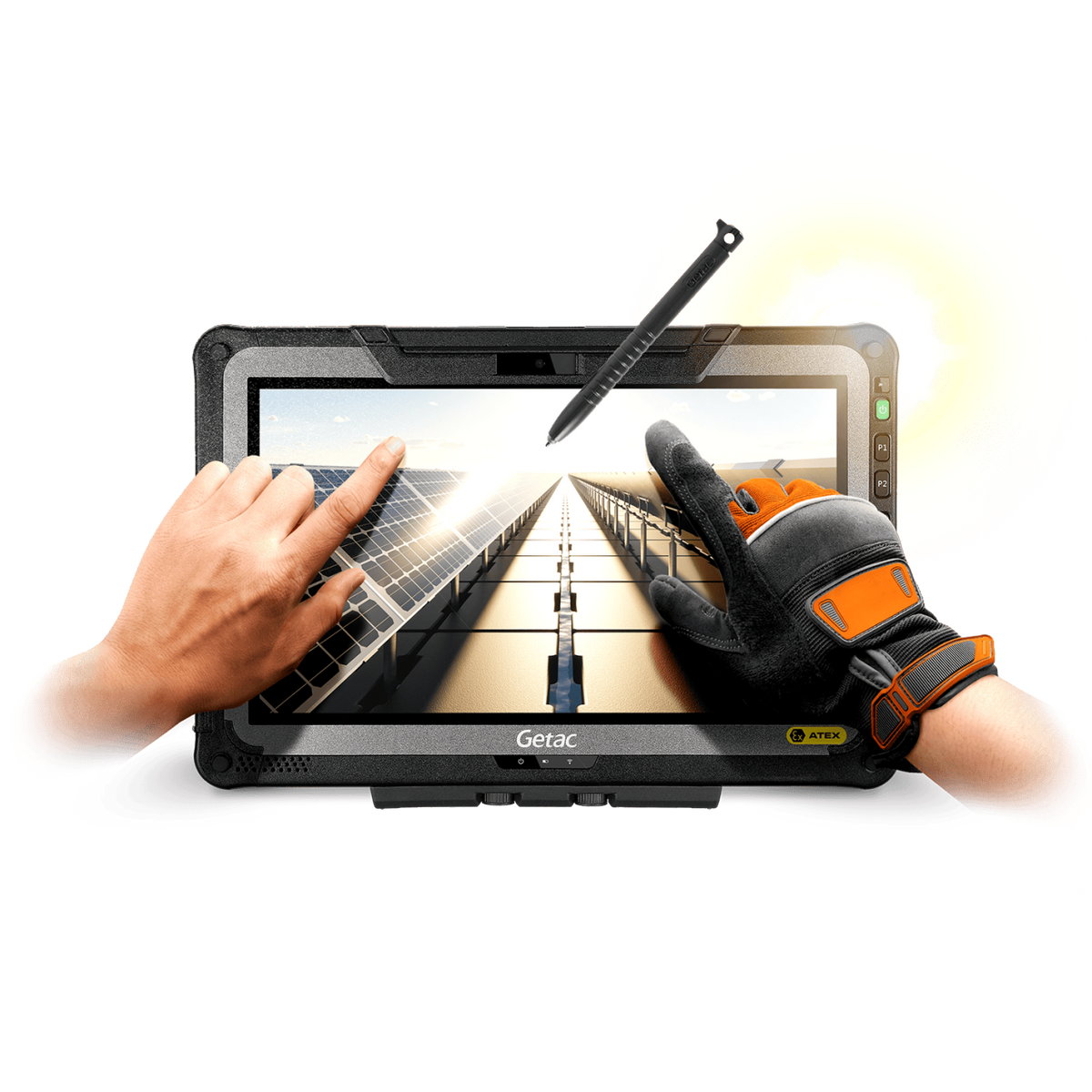 Getac F110 G7-EX ATEX/IECEx Zone 2/22 rugged 11.6-inch tablet, HF RFID (FTBQ66TI1PXS) – in use with digitizer pen