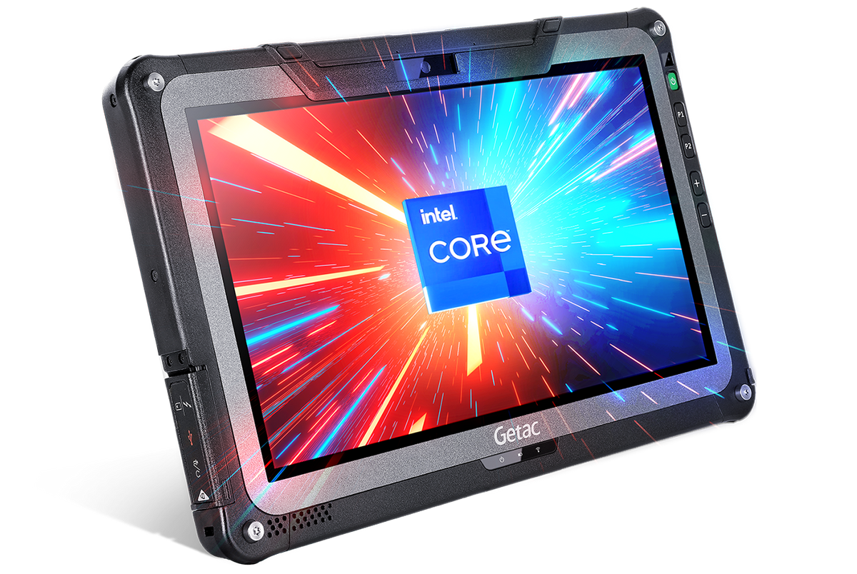 Getac F110 G7 rugged 11.6-inch tablet, RS-232 serial + LAN ports (FTA154JI1DMX) – angled front view