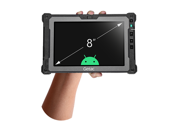 Getac ZX80 8" rugged Android tablet, without barcode scanner (Z8A7LXGX1EXC) – held in hand