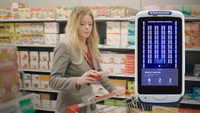Datalogic Joya Touch 22 self-shopping Android handheld terminal, grey/blue, pistol grip (911400001) – in use for self-scanning in store