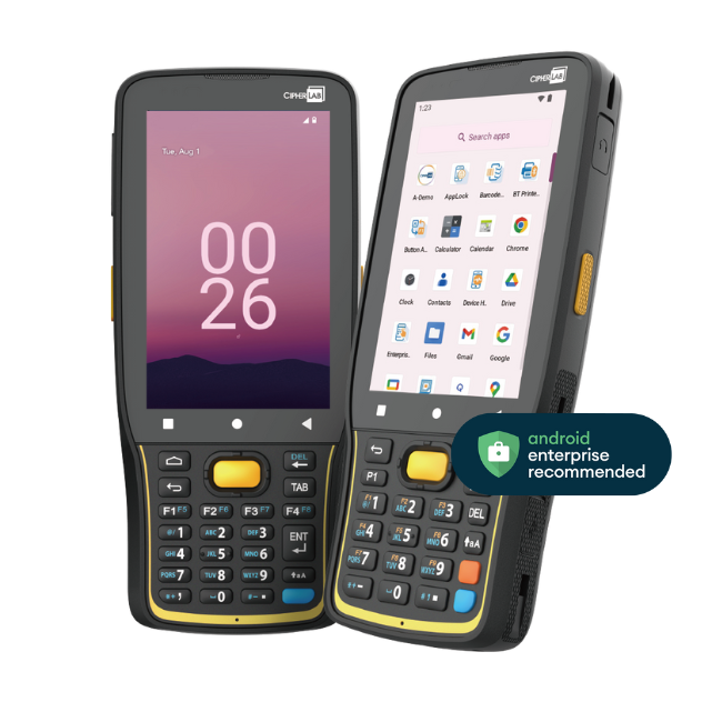 CipherLab RK26 rugged Android mobile computer, 28-key numeric/function keypad, Wi-Fi + 4G LTE, 2D imager (SE5500) (AK26EA4DFNG41) – front and angled view