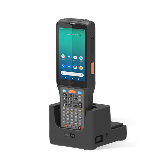 Newland N7 Cachalot Pro II Android mobile computer, 47-key keypad, 2D imager (N7-Pro-W4-S4-A13) – front view in charging cradle
