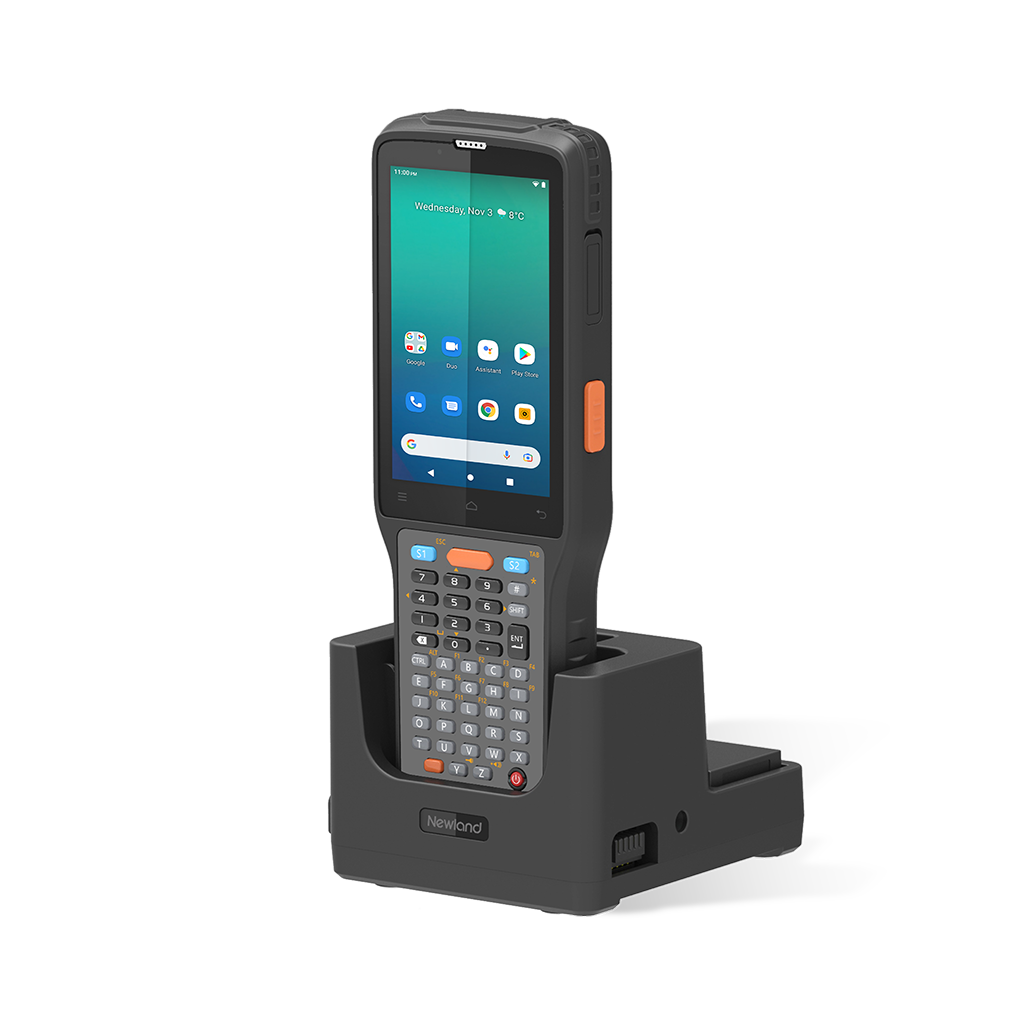 Newland N7 Cachalot Pro II Android mobile computer, 47-key keypad, 2D imager (N7-Pro-W4-S4-A13) – front view in charging cradle