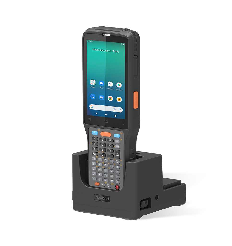 Newland N7 Cachalot Pro II Android mobile computer, 47-key keypad, 2D imager (N7-Pro-W4-S4) – front view in charging cradle