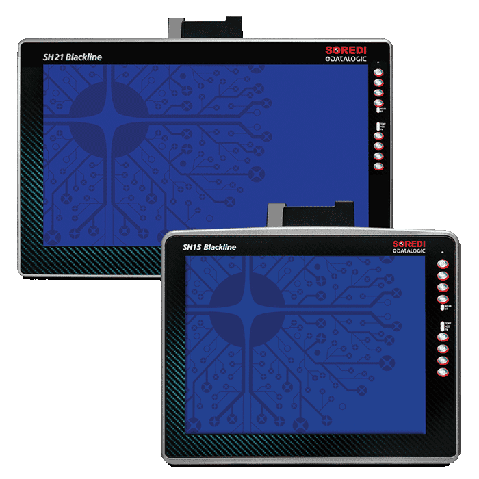 Datalogic SH15 Blackline 15-inch vehicle-mount computer, Intel quad-core, Windows 10 IoT Enterprise (94S111235) – front view shown with the SH21 Blackline