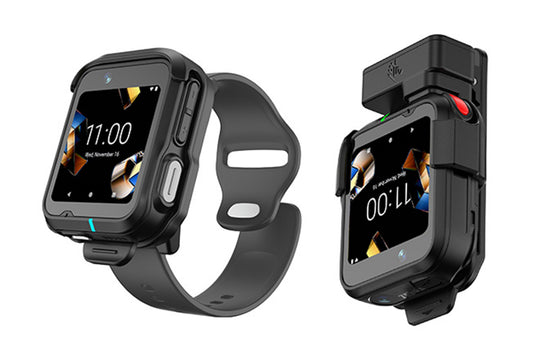 Zebra WS301 wrist-worn smartwatch-style mobile computer, clip mount with 3.5 mm PTT headset jack (WS3012-0M304E52EA6) – shown with clip mount and wrist mount