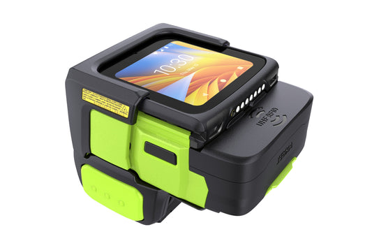 Zebra WS50 wearable computer, back of hand (WS5001-0D2J3030EEA) – angled view with RFID module